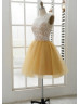 Ivory Lace Mustard Yellow Tulle Short Bridesmaid Dress